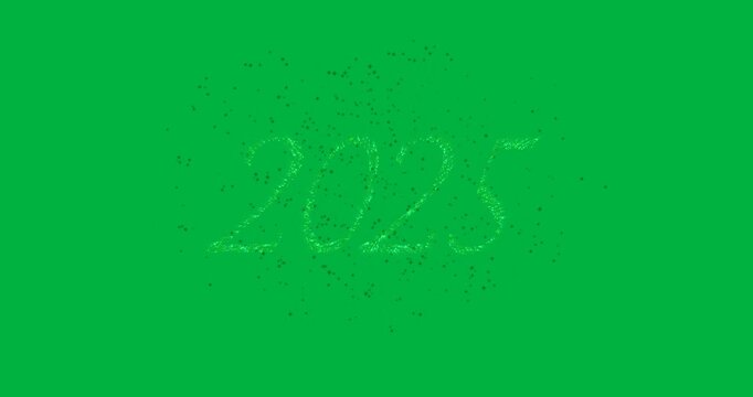 Animation of 2025 and green fireworks exploding on white background
