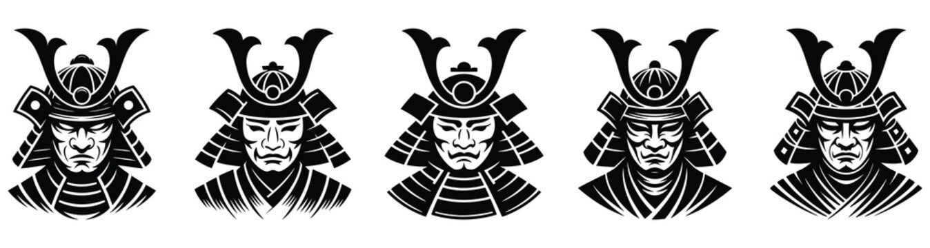 Detailed set of Japanese samurai helmet and mask silhouettes, traditional warrior armor headgear vector illustrations