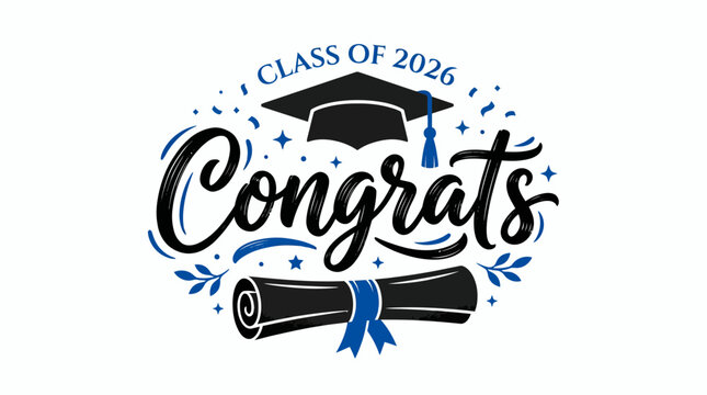 Graduation celebration lettering with class of 2026 text mortarboard cap and diploma scroll on white, concept for greeting card, academic achievement and university convocation ceremony