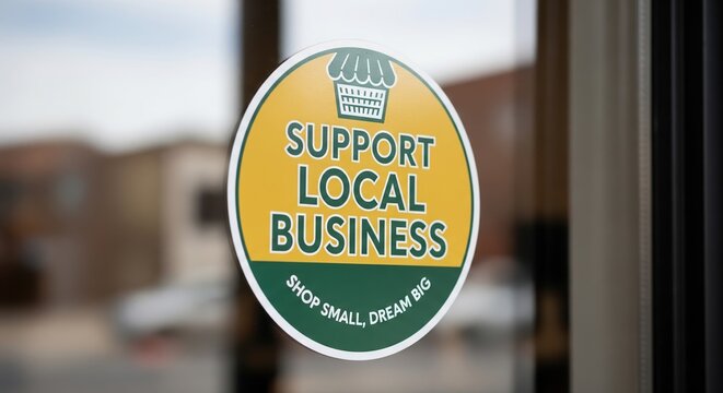 Support Local Business Sticker On Glass Window With Yellow Green Colors And Circular Logo Design