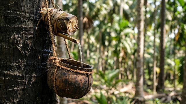 Traditional Palm Wine Tapping, Clear Sap Flowing from Flower Bud into Gourd, Traditional Palm Wine Extraction Process, Authentic Artisanal Toddy Tapping Action