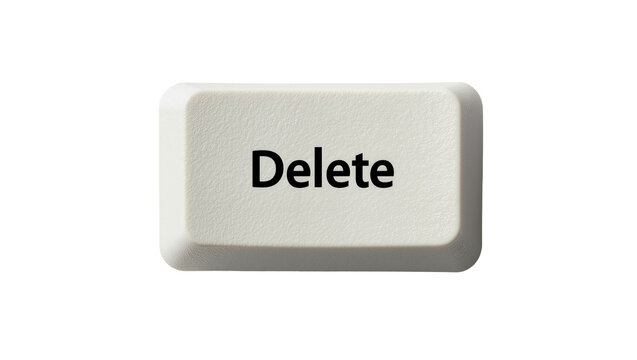 Isolated close-up of a single white computer keyboard Delete key for digital control