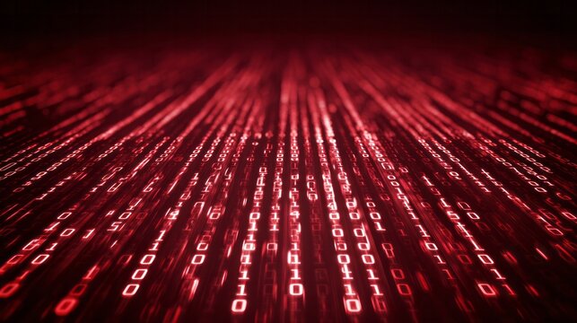 Digital data streams flow rapidly across a dark, abstract plane illuminated with red light