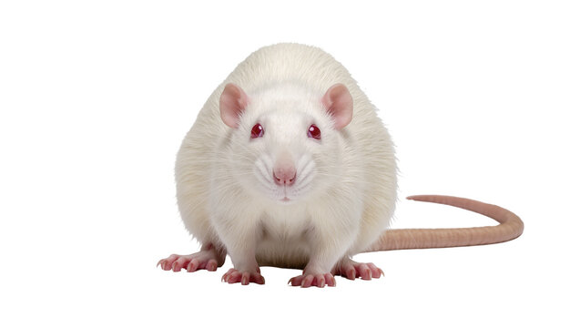 Isolated cute white albino laboratory rat standing, facing forward with red eyes, studio shot.