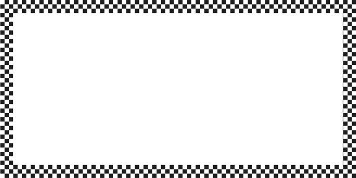 Rectangle frame with checkered print on borders. Rectangular vignette with checkerboard, race flag or chess game pattern isolated on white background. Vector graphic illistration.