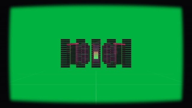 Green core pulsing, magenta racks scaling, showing HUD, exploding, rejoining for audit, transparent