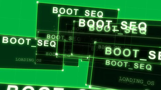 BOOT_SEQ activating, HUD stack scaling, splitting offscreen, showing boot log on transparent grid