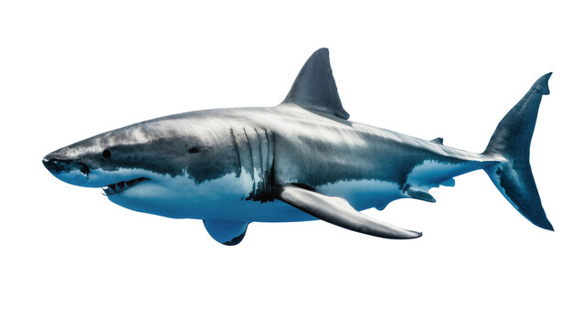 Isolated large great white shark swimming, powerful predator of the ocean depths, fearsome