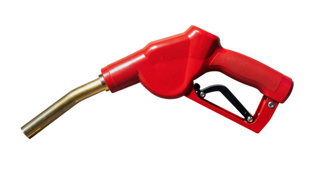 Isolated vibrant red gas pump nozzle with golden metallic spout for vehicle fueling