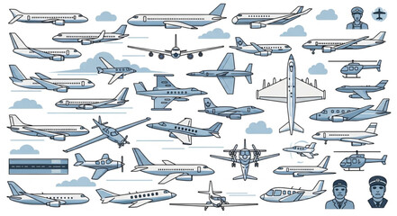 Obraz premium Collection of diverse aircraft and aviation elements hand drawn sketch style.
