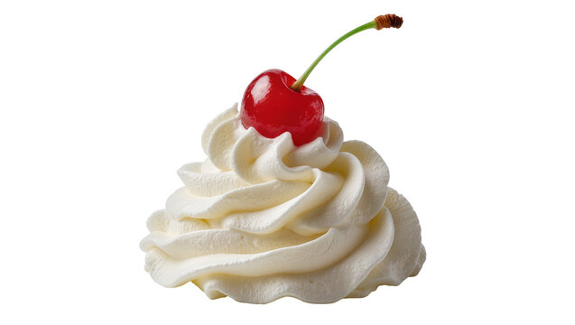 Isolated sweet whipped cream dollop with a glossy fresh red maraschino cherry on top