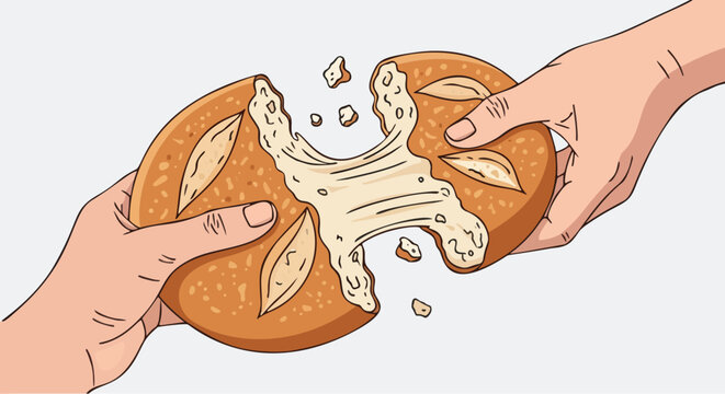 Close Up Illustration of Hands Breaking a Traditional Egyptian Freshly Baked Baladi Bread