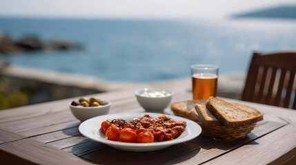 Naklejka premium A rustic Mediterranean meal set on a wooden table overlooking the vast blue sea perfect for a summer day outing