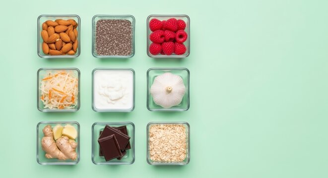 Variety of healthy food ingredients displayed.