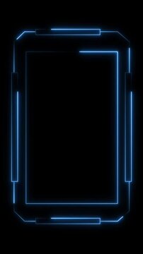 Futuristic Neon Blue Digital Frame with Copy Space and Geometric Accents on animated Black Background, Neon blue line glowing rectangle frame on black background, Digital frame animation video.