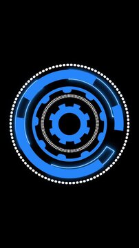 Abstract Blue Circular HUD Element with Gears and Dots on animated Black Background, Futuristic blue digital interface with circular HUD elements and icons animation on dark black background.
