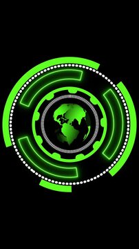 Green Earth Globe within a Futuristic Circular HUD Interface on animated Black Background, Futuristic green digital interface with circular HUD elements and icons animation on dark black background.
