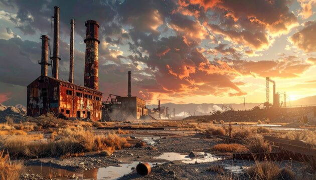 Abandoned Industrial Factory Silhouettes Against a Dramatic Sunset Sky Over a Dry Grassy Field
