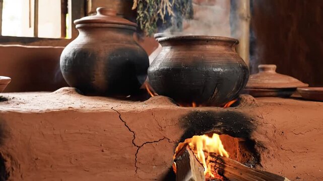 Cooking pots with smoke and fire in rustic interior