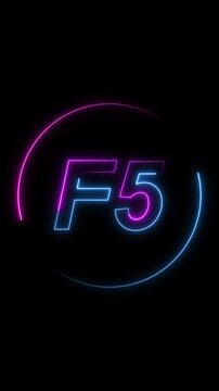 F5 Neon Sign With Blue And Pink Glow Within A Circular Frame On animated Black glowing light