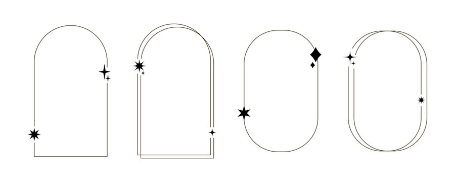 aesthetic frame icon star geometric line shape modern sparkle graphic layout with arch and oval borders. minimalist vector design with thin linear outline and clean spacing