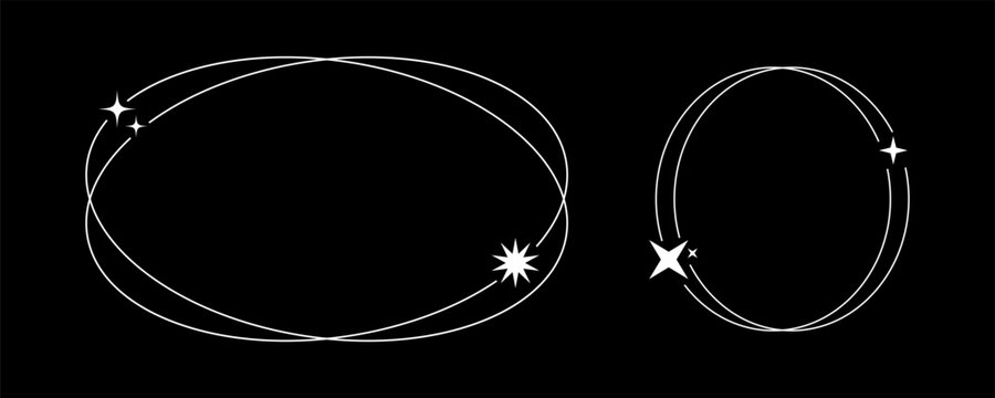 aesthetic frame icon star geometric line shape modern sparkle graphic layout with oval and circle borders on black background. minimalist vector design with thin linear outline