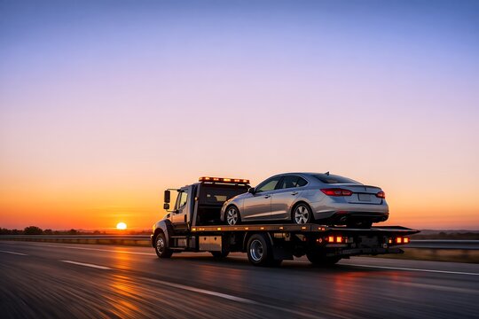 flatbed tow truck transporting a silver car on a highway at sunset, providing emergency roadside assistance and vehicle recovery.