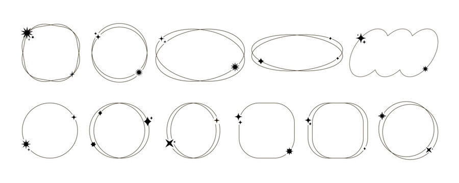 aesthetic frame icon star geometric line shape modern sparkle graphic set with circle oval rounded and abstract borders. minimalist vector design with thin linear outline and clean spacing.