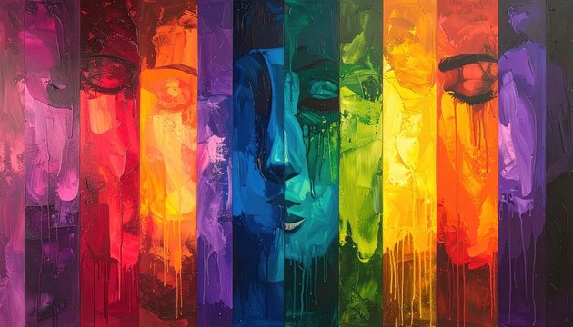 Abstract face art in rainbow color spectrum with dripping paint effect and pixelated details