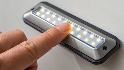 Fototapeta premium A finger pressing a button to turn on a compact LED light panel mounted on a surface.