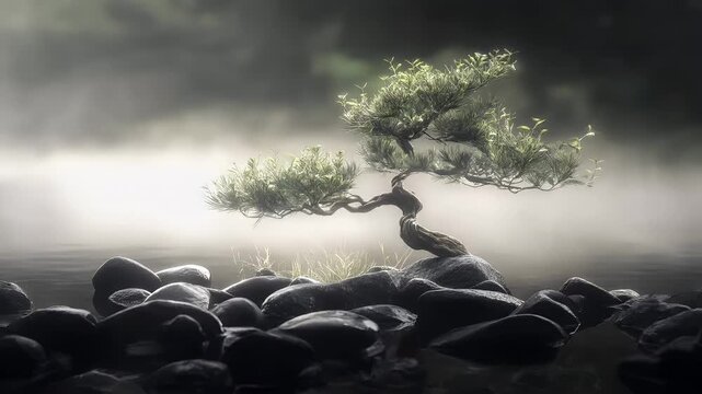 Zen Buddhism, meditation, inner peace, Chinese Japanese Asian tradition. Therapy stress release treatment, health lifestyle. A serene, atmospheric portrayal of a bonsai tree in a tranquil setting.