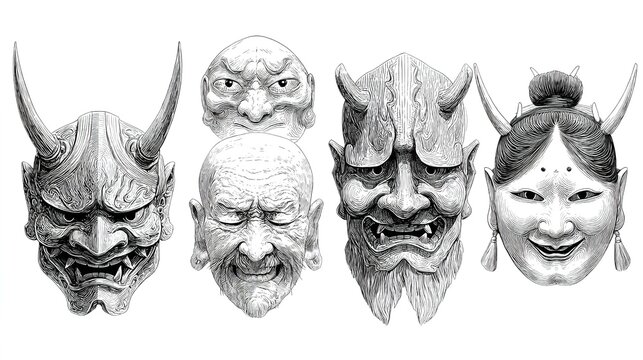 Collection of traditional Japanese Noh masks isolated on white background
