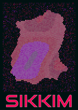 Sikkim digital style hexagon map. Vibrant magenta purple pink neon dotted shape. State tiny bright hexagon cells. Sikkim honeycomb map design. Elegant Vector Illustration.