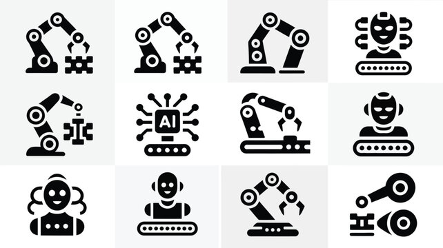 Modern robotic arm icons collaborating with human figures in a sleek minimalist style for futuristic tech concepts