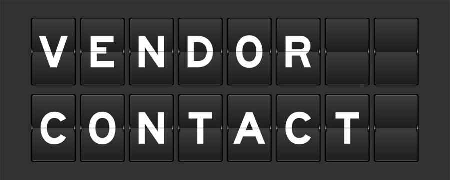 Black color analog flip board with word vendor contact on gray background