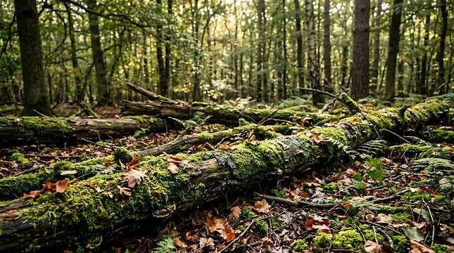 Lush green moss covers fallen logs and branches on a tranquil forest floor, scattered with autumn leaves and bathed in dappled sunlight, revealing the serene beauty of woodlands