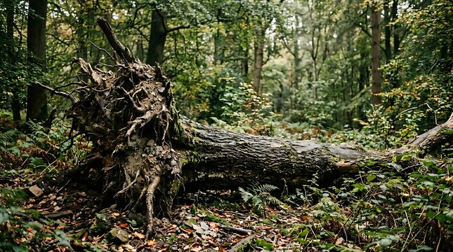 Ancient tree uprooted and fallen in dense forest, its exposed roots revealing nature's powerful cycle of decay and renewal within the wilderness