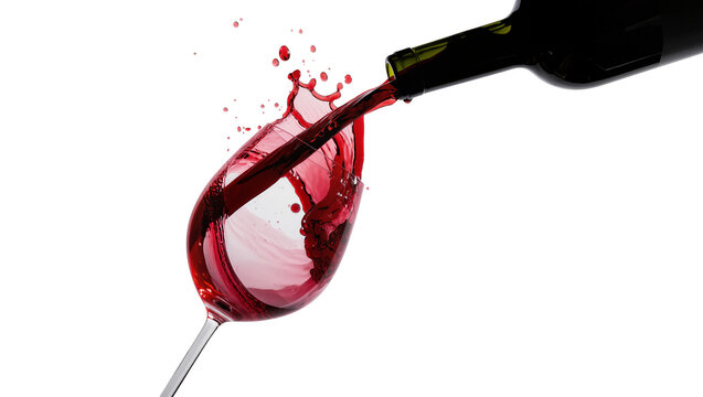 Isolated red wine pouring from a bottle into a glass creating a dynamic liquid splash