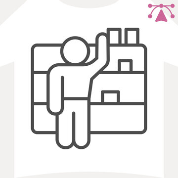 Merchandiser man at shelves with goods line icon, market concept. Vector graphics. Worker sign and editable stroke, outline style icon for mobile or web design.