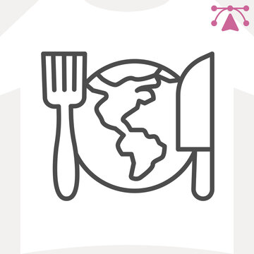 Planet Earth with fork and spoon line icon, food assistance concept. Vector graphics. World without borders sign and editable stroke, outline style icon for mobile or web design.