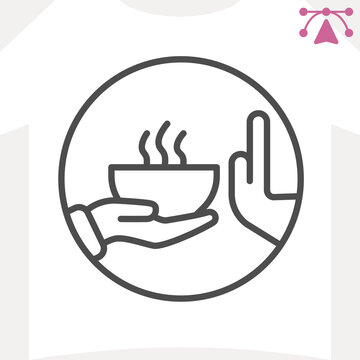 Refusing food hand gesture line icon, soup concept. Vector graphics. Ceramic plate with hot lunch and hands sign and editable stroke, outline style icon for mobile or web design.
