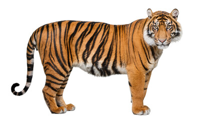 Obraz premium Isolated powerful tiger standing, full body, facing front, watchful and alert gaze