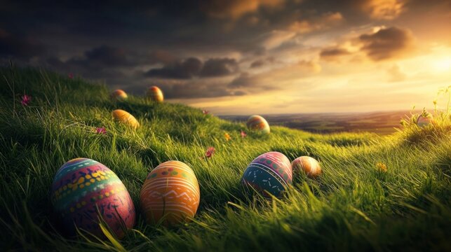 Easter eggs rolling down grassy hills nature easter field.