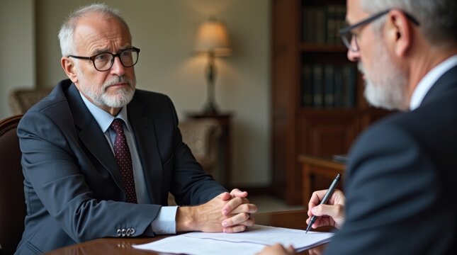 Un cliente preocupado se sienta frente a un abogado en una sesi&oacute;n de asesoramiento profesional