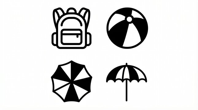 "Black-and-white icons of backpack, beach ball, and umbrellas arranged in 2x2 grid"