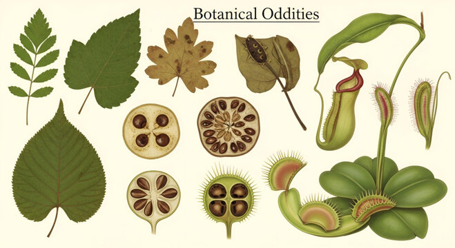 Botanical oddities collection with various leaf shapes cross sections of fruit and carnivorous plants