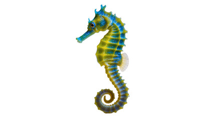 Isolated vibrant yellow and blue tropical seahorse marine animal with elegantly curled tail © Maria