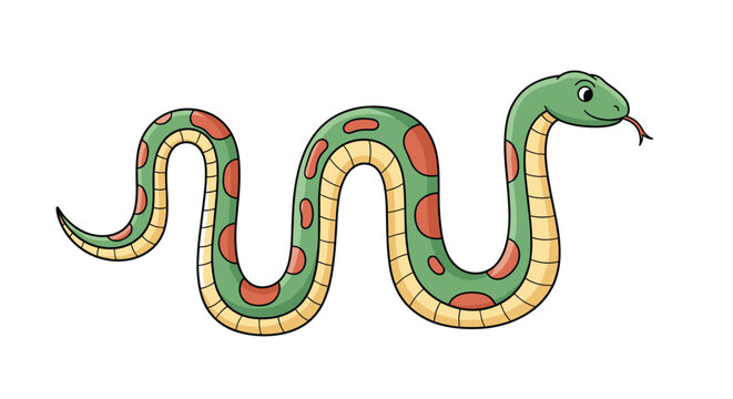 Cartoon illustration of a long green snake with red spots and a yellow underbelly slithering in a wavy line on white background.