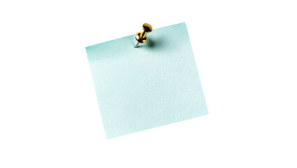 Isolated light blue square sticky note or memo pad held by a shiny golden thumbtack © Maria
