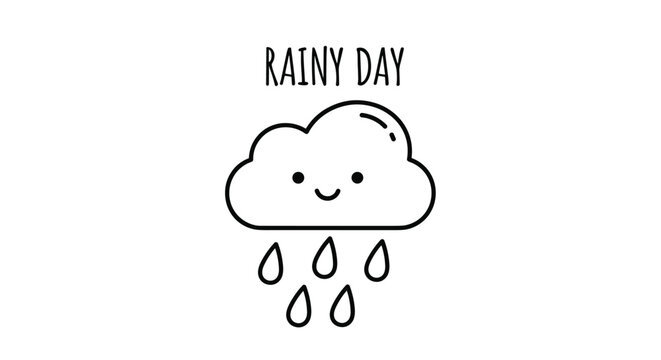 Minimalist black and white illustration of a smiling cloud with raindrops and the words rainy day written above it.